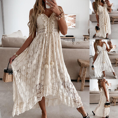#ad Women#x27;s Boho Lace Long Maxi Dress Ladies V Neck Summer Holiday Strappy Sundress $29.99