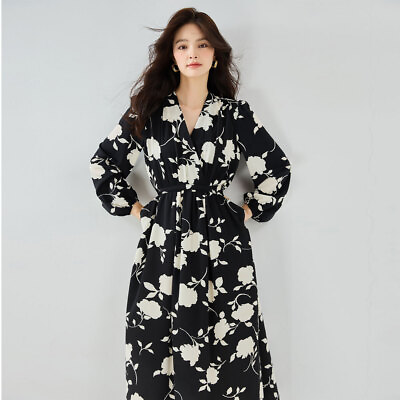 Women V Neck Contrast High Waist Print Elegant Long Sleeve Maxi Soft Dress $63.74