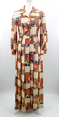 #ad Vtg Women#x27;s 70s Brown amp; Tan Multi Color Gold Dot Pleated Maxi Dress 1970s S M $74.99