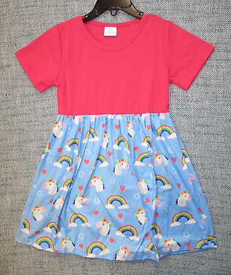 #ad Unicorn Rainbow Dress Valentine Heart Knee Length PINK Girl Size XL 5 6T $5.99