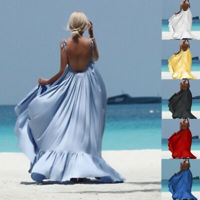 #ad #ad Women Sleeveless Sexy Dress Boho Maxi Solid Backless Party Beach Long Dress $19.65