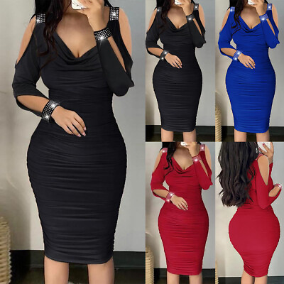 #ad Party Gown Sexy Ladies Solid Swing Collar Bodycon Dress Cocktail Party Gowns $26.40