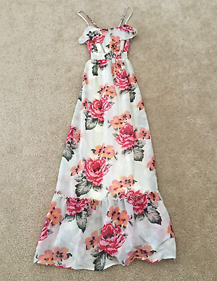 #ad Aeropost Womens Dress Size XS White Floral Print Smocked Waist Spaghetti Strap $16.99