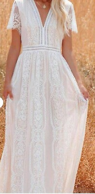 #ad Romantic Boho Lace Maxi Dress Graceful Summer or Autumn Cream Ivory MED NWT $47.20