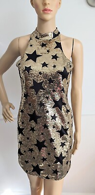 #ad GLAMOROUS Ladies Gold Star Sleeveless Party Evening Mini Dress UK 10 GBP 12.99