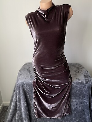 #ad Velvet Maxi Dress Sleeveless Brown Size M Velour Mock High Neck Form Fitting $25.00