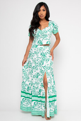 #ad Green Paisley Print Crop Top and Maxi Skirt Set Size Medium Slit Leg $39.95