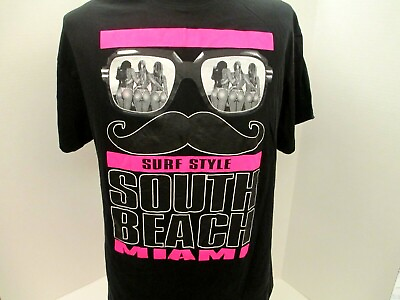 #ad Surf Style South Beach Miami Mens Large Graphic Black Cotton Tee Shirt NEW $12.99
