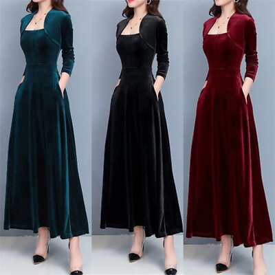 #ad Women#x27;s Velvet Long Dress Elegant Elastic Cocktail Formal Party Dress Slim Fit $35.11