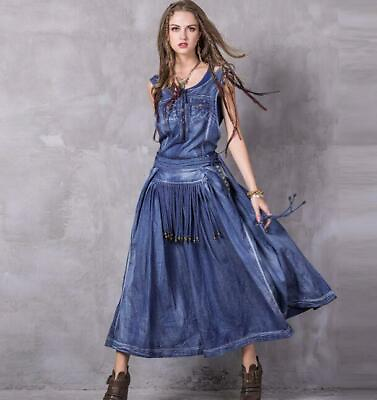 #ad Womens Denim Sleeveless Long Western Cowboy Tassels Dresses Retro Bohemia Dress $57.77