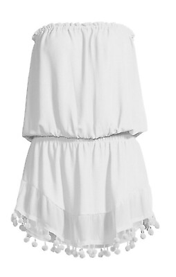 Ramy Brook Marcie Size M Medium  Strapless Beach Cover Up Tunic White Pom Dress $39.99