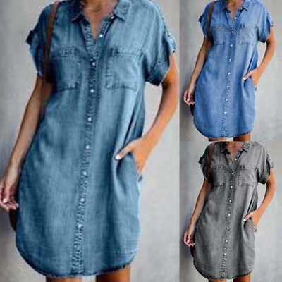 short Jeans Dress Midi size Ladies dress sleeve Summer Denim plus Womens Shirt $20.89