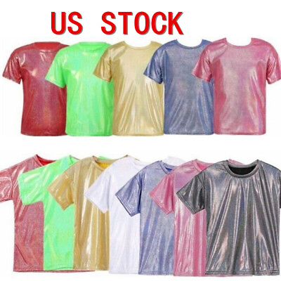 #ad #ad US Girls Boys Shiny Metallic Short Sleeve Shirt Sparkly Jazz Hip Hop Dance Top $5.57