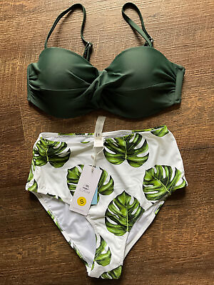 CUPSHE Swimsuit 2 Piece Bikini Push Up Bra Small Green Tropical Palm Tree Beach $17.95
