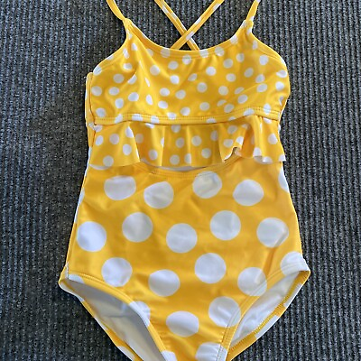 #ad Wonder Nation Bathing Suit Girls Youth M 7 8 Yellow White Polka Dots $10.40