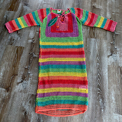 #ad NWT Farm Rio Crochet Multicolored Bathing Suit Cover Up Dress XS Rainbow Tassels $145.99