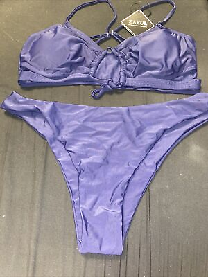 #ad ZAFUL Women#x27;s Ribbed Cut Out Bikini Set Navy Blue Sexy Cheeky Large Swimwear New $14.72