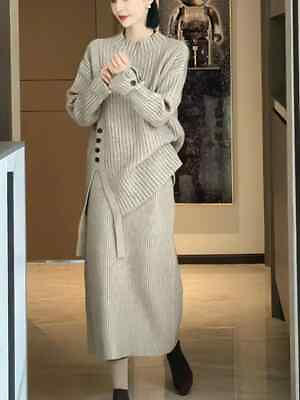 #ad 2 Piece Skirt Set Women Solid O neck Long sleeved Sweater Mid Length Skirt Sets $74.45
