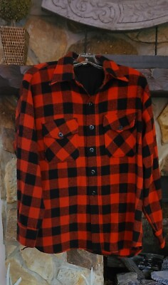 Vintage SEARS Red Buffalo Plaid Wool Shirt Jacket Heavy Shacket Pockets Sz L $39.99
