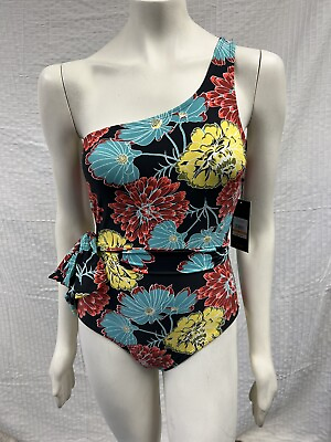 #ad Jones New York One Shoulder Floral Tie Waist Removable Cups Swimsuit Size Small $19.99
