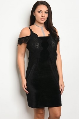 #ad Womens Plus Size Black Velvet Cocktail Dress 1X Lace Details $24.95