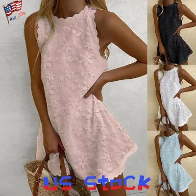 #ad Womens Round Neck Floral Mini Dress Ladies Summer Sleeveless Loose Sundress $21.84
