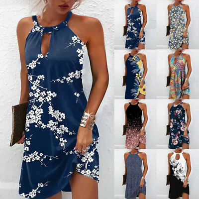 #ad Women Sexy Boho Floral Halter Neck Summer Dress Ladies Holiday Beach Sun Dresses $23.67