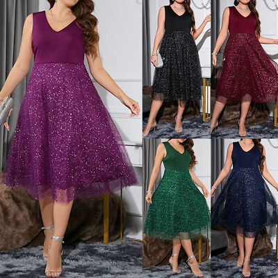 #ad Plus Size Women V Neck Mesh Midi Dress Ladies Sleeveless Party Evening Ball Gown $28.30