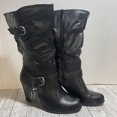 #ad New Black Faux Leather Side Zip Block Heel MID Calf Boots Women Size 10 Style@Co $19.99