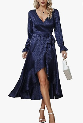 #ad Satin Elegant Dress Casual Long Dress Blue long Sleeve L Women Dress Cocktail 16 $49.00