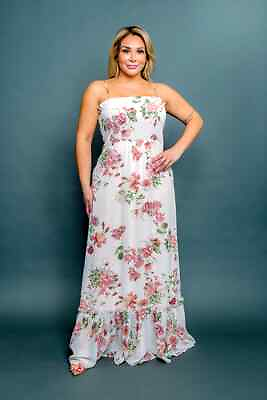 #ad Womens Plus Size Pink Floral Maxi Dress 1XL Smocked Waist Spaghetti Strap $39.95