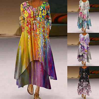 Lady Plus Size Print Loose Long Maxi Dress Oversize Bohemian Beach Dress Summer $20.44