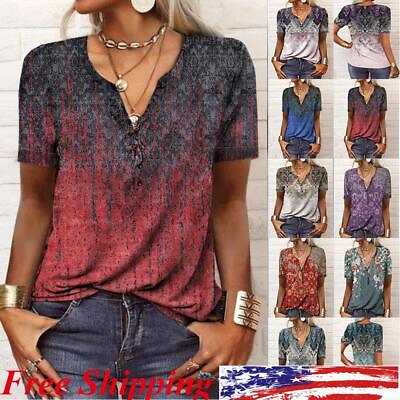 Women Floral V Neck Short Sleeve T Shirt Blouse Casual Loose Tunic Tops Summer $14.91