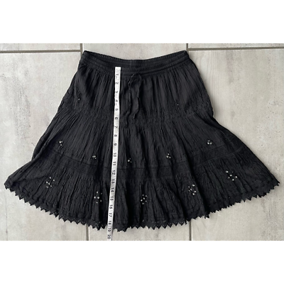 Want Womens Tiered Skirt Black Elastic Waist Above Knee Crinkle Sequined Lace M $5.84