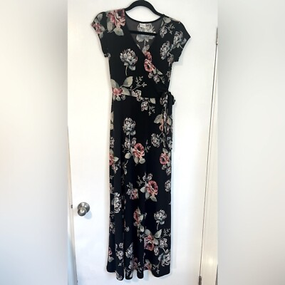 #ad Kaileigh Black Floral Maxi Dress Size XS Faux Wrap Nursing Friendly $25.00