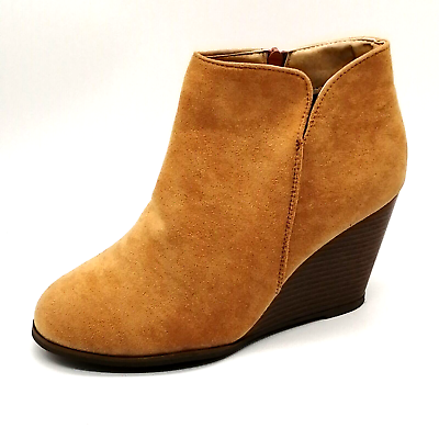 #ad Womens Boot Tan Faux Suede Wedge Heel Ankle Side Zip Almond Toe EUR 43 NEW $16.49