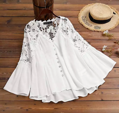 White Boho Crochet Lace Bell Sleeve Romantic Babydoll Top Blouse Shirt M $38.21