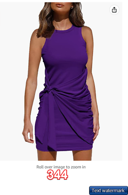 LILLUSORY Womens Beach Tank Dress Bodycon Ruched Tie Waist Mini Dresses Purple L $17.49