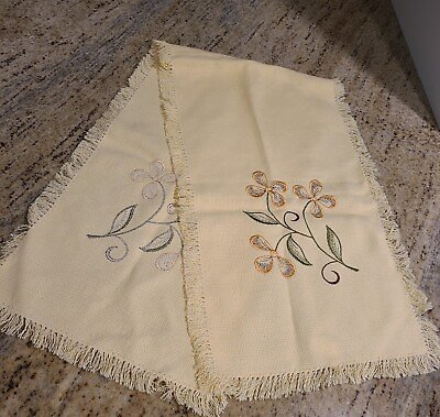 #ad Vintage Woven Dresser Scarf 39x11 Embroidered Flower Yellow Fringe $12.00