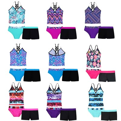 #ad US Kid Girls 3 Pieces Tankini Set Swimsuit Bathing Suit Tops with Shorts Bottoms $15.71