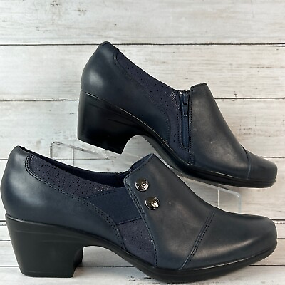 #ad Clarks Ankle Boots Womens Size 11W Blue Leather Zip Up Block Heel Comfort Bootie $31.67