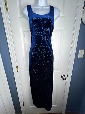 #ad East West Fashion Medium Velvet Blue Floral Sleeveless Long Maxi Dress Prom M $19.24