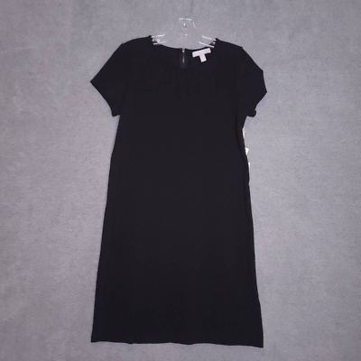 #ad Chelsea28 Womens Shift Dress Solid Black Stretch Jewel Neck Short Sleeve XS New $35.99