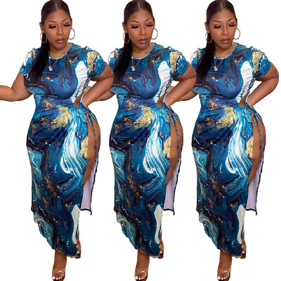 #ad New Plus Size Women Short Sleeves Colorful Print Side Slit Club Party Dress $26.87