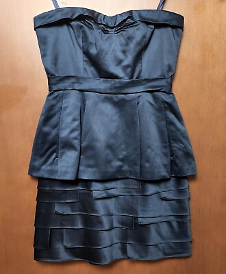 #ad Women#x27;s BCBG Max Azria Strapless Navy Blue Satin Peplum Cocktail Dress Size 4 $34.99