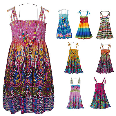 #ad Girls Bohemian Sun Dresses Off Shoulder Floral Rainbow Beach Dress with Necklace $12.92