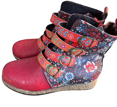 #ad Women#x27;s Zipper Leather Buckle Printing Mid Calf Boots Round Toe Flat Retro Shoes $38.97