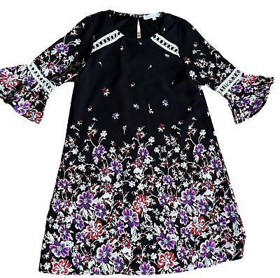#ad Smukke Girls Boho Dress Black Floral Printed Bell Sleeve Peasant Dress Size 12 $17.99