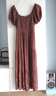 #ad American Eagle Boho Smoked Floral Tiered Slip On Maxi Dress Size Small Brown $29.99