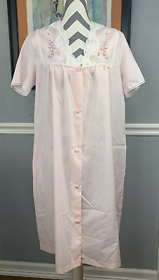 #ad Vtg Sears Women M Pink Nightgown Embroidered Floral Button Front SS Lace Trim $19.95